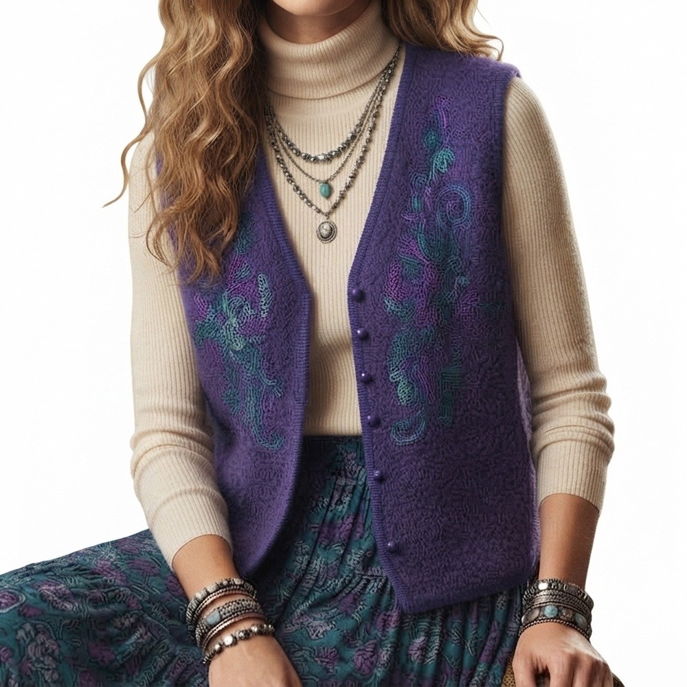 vtg wool Sweater Vest Embroidered beaded Purple 90s fairycore whimsigoth